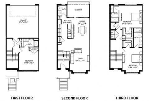 three floor plan of a house with different bedrooms and baths